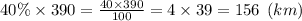 40\% \times 390 = \frac{40 \times 390}{100} = 4 \times 39 = 156 \: \: (km)