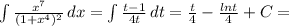 \int\limits^{} { \frac{x^7}{(1+x^4)^2} } \, dx=\int\limits^{} { \frac{t-1}{4t} } \, dt=\frac{t}{4}-\frac{lnt}{4}+C=