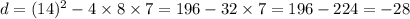 d = (14)^{2} - 4 \times 8 \times 7 = 196 - 32 \times 7 = 196 - 224 = - 28