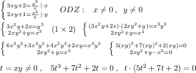 \left \{ {{3xy+2= \frac{y^3}{x} \, |\cdot x} \atop {2xy+1= \frac{x^3}{y}\, |\cdot y}} \right. \; \; \; \; ODZ:\; \; \; x\ne 0\; ,\; \; y\ne 0\\\\\left \{ {{3x^2y+2x=y^3} \atop {2xy^2+y=x^3}} \right. \; \; (1\times 2) \; \; \left \{ {{(3x^2y+2x)\cdot (2xy^2+y)=x^3y^3} \atop {2xy^2+y=x^3}} \right. \\\\ \left \{ {{6x^3y^3+3x^2y^2+4x^2y^2+2xy=x^3y^3} \atop {2xy^2+y=x^3}} \right. \; \; \left \{ {{5(xy)^3+7(xy)^2+2(xy)=0} \atop {2xy^2+y-x^3=0}} \right. \\\\t=xy\ne 0\; ,\; \; \; 5t^3+7t^2+2t=0\; ,\; \; t\cdot (5t^2+7t+2)=0