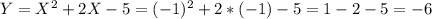 Y=X^2+2X-5 = (-1)^2 + 2*(-1) - 5 =1 - 2 - 5 = -6