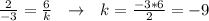 \frac{2}{-3} = \frac{6}{k} \ \ \to \ \ k= \frac{-3*6}{2} =-9