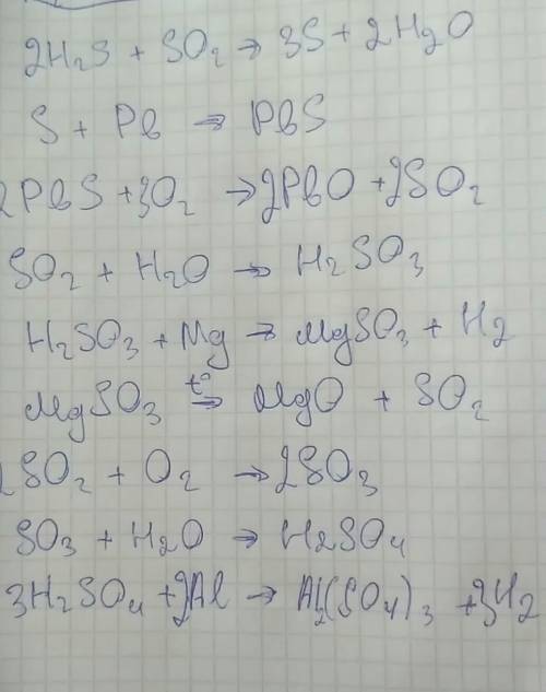 Осуществи превращения(написать уравнение реакций) h2s》s》pbs》so2》h2so3》mgso3》so2》so3》h2so4》al2(so4)3