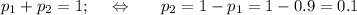 p_1+p_2=1;~~~\Leftrightarrow~~~~~ p_2=1-p_1=1-0.9=0.1