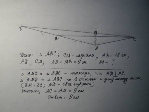Прямая, проведённая через вершину a треугольника abc, перпендикулярна его медиане cm и делит её попо