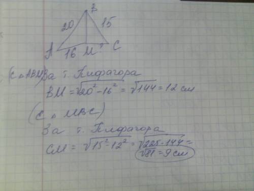 Из точки к плоскости проведены две наклонных равны 20 см и 15 см.сумма проекции наклоных равна 25 см