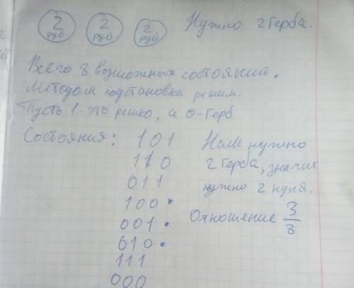 По теории вероятности: найти вероятность того, что при бросании трёх монет выпадает два герба заране