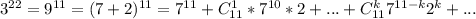 3^{22}=9^{11}=(7+2)^{11}=7^{11}+C_{11}^1*7^{10}*2+...+C_{11}^k7^{11-k}2^k+...