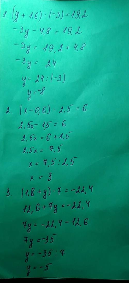 Решите уравнения: 1.(y+1.6)*(-3)=19,2 2.(x-0.6)*2.5=6 3.(1.8+y)*7=-22.4