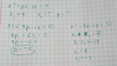 Вуравнении x в кв.+px-18=0 один из корней равен -9. найти корень и коэффициент p
