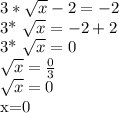 3* \sqrt{x} -2=-2&#10;&#10;3* \sqrt{x} =-2+2&#10;&#10;3* \sqrt{x} =0&#10;&#10; \sqrt{x} = \frac{0}{3}&#10;&#10; \sqrt{x} =0&#10;&#10;x=0