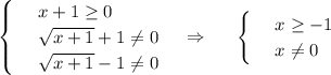 \begin{cases}&#10; & \text{ } x+1\geq 0 \\ &#10; & \text{ } \sqrt{x+1}+1\ne0 \\ &#10; & \text{ } \sqrt{x+1}-1\ne 0&#10;\end{cases}~~~\Rightarrow~~~~ \begin{cases}&#10; & \text{ } x\geq -1 \\ &#10; & \text{ } x\ne0 &#10;\end{cases}