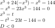 x^3+24(-x^3)-x^6=144\\-x^6-23x^3-144=0\\x^3=t\\-t^2-23t-144=0\\D\ \textless \ 0\\