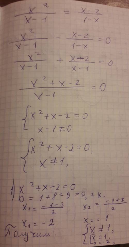 Решите уравнение: x в квадрате др.черта x-1 по середине = x-2 др.черта 1-x