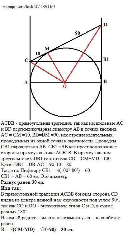 Через концы диаметра ab к окружности проведены две касательные. третья касательная (м-точка касания)