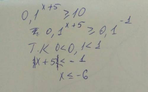 0.1(в степени х+5) больше или равно 10. нужно брату , самому сложно ему объяснить