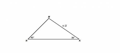 1. в треугольнике knm ∠k = 30°, ∠n=45°, km=5√2 найдите nm.