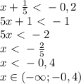 x+ \frac{1}{5}\ \textless \ -0,2&#10;\\5x+1\ \textless \ -1&#10;\\5x\ \textless \ -2&#10;\\x\ \textless \ - \frac{2}{5} &#10;\\x\ \textless \ - 0,4&#10;\\x \in (-\infty;-0,4)