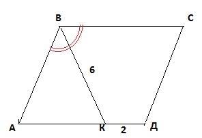 Авсд - параллелограмм, вк - биссектриса, вк=6 см, кд=2 см, угол авк=углу квс=60°. найти периметр всд
