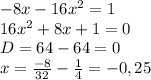 -8x-16x^2=1&#10;\\16x^2+8x+1=0&#10;\\D=64-64=0&#10;\\x= \frac{-8}{32} - \frac{1}{4}=-0,25