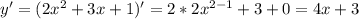 y'=(2x^2+3x+1)'=2*2 x^{2-1} +3+0=4x+3