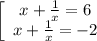 \left[\begin{array}{ccc}x+ \frac{1}{x}=6\\x+ \frac{1}{x}=-2\end{array}