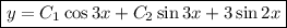 \boxed{y=C_1\cos3x+C_2\sin3x+3\sin2x}