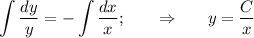 \displaystyle \int \frac{dy}{y} =-\int \frac{dx}{x} ;~~~~~\Rightarrow~~~~~ y= \frac{C}{x}