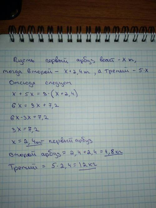 Один арбуз на 2,4 кг легче, чем другой, и в 5 раз легче, чем третий. первый и третий арбузы вместе в