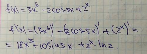 Найдите производную функции: f(x)=3x^6-2cos5x+2^x