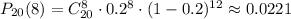 P_{20}(8)=C^8_{20}\cdot0.2^8\cdot(1-0.2)^{12}\approx0.0221