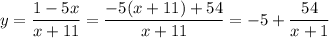 \displaystyle y= \frac{1-5x}{x+11} = \frac{-5(x+11)+54}{x+11}=-5+ \frac{54}{x+1}