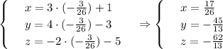 \displaystyle \displaystyle \begin{cases} & \text{ } x=3\cdot(- \frac{3}{26}) +1 \\ & \text{ } y=4\cdot(-\frac{3}{26})-3 \\ & \text{ } z=-2\cdot(-\frac{3}{26})-5 \end{cases}~~~\Rightarrow\displaystyle \begin{cases} & \text{ } x=\frac{17}{26} \\ & \text{ } y=-\frac{45}{13} \\ & \text{ } z=-\frac{62}{13}\end{cases}