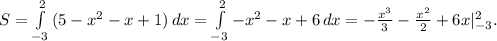 S= \int\limits^2_{-3} {(5-x^2-x+1)} \, dx = \int\limits^2_{-3} {-x^2-x+6} \, dx =- \frac{x^3}{3} - \frac{x^2}{2}+6x|_{-3}^2.