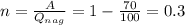 n= \frac{A}{Q_{nag}} =1- \frac{70}{100}=0.3