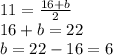 11= \frac{16+b}{2} &#10;\\16+b=22&#10;\\b=22-16=6