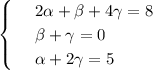 \displaystyle \begin{cases}&#10; & \text{ } 2 \alpha + \beta +4\gamma=8 \\ &#10; & \text{ } \beta +\gamma=0 \\ &#10; & \text{ } \alpha +2\gamma=5 &#10;\end{cases}