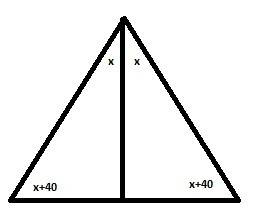 Вравнобедренном треугольнике угол между высотой, проведенной к основанию и боковой стороне на 40° ме