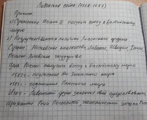 План разбора ливонской войны 1.причины (1-2)2. воюющие страны 3. цели старон 4. ход событий 5. итог