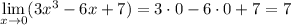 \lim\limits_{x\to0}(3x^3-6x+7)=3\cdot0-6\cdot0+7=7