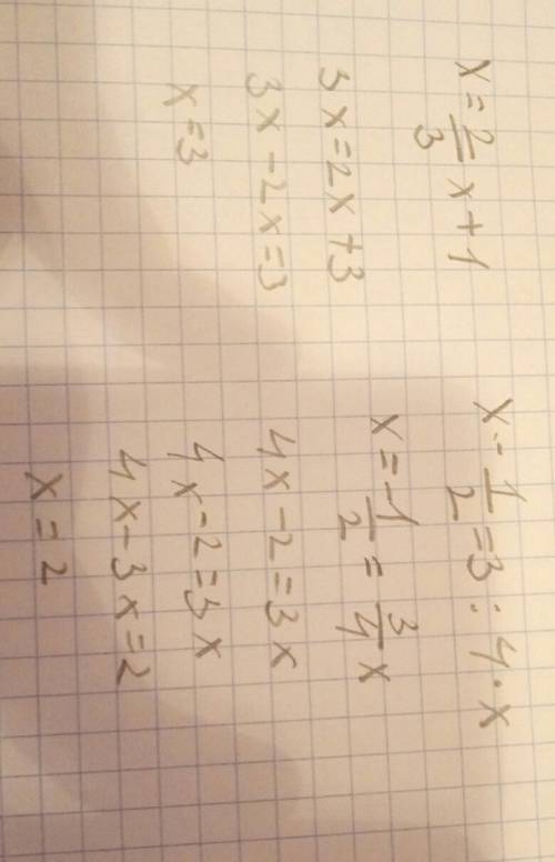 1)x=2/3x+1 2)x-1/2=3/4x 3)x-2/3=5/6x 4)1 4/5y=y+4 5)2/3y-1/3=5/9y 6)3/4y-2/3=7/12y решите