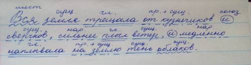 Друзья ! синтаксический разбор предложения : вся земля трещала от кузнечиков и сверчков,сильнее плыл