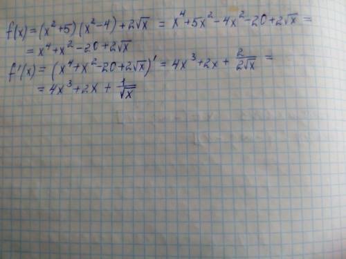 Найдите производную функцию f(x)=(x^2+5)(x^2-4)+2корень из х