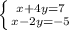 \left \{ {x+4y=7} \atop {x-2y=-5}} \right.