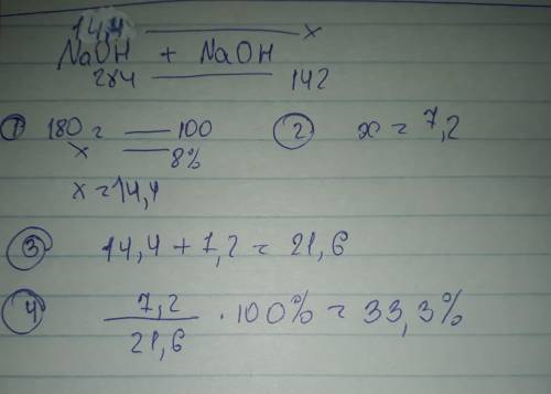 К180 граммам 8%-ого раствора гидроксида натрия добавили 25 грамм щелочи, найти массовую долю щелочи