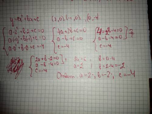 Парабола y=x^2+bx+c пересекает оси координат в точках (2; ; 0) и (0; -4).найдите коэффиеценты a,b,c