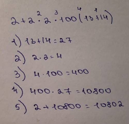 Сколько будет 2+2×2×100(13+14) мне !