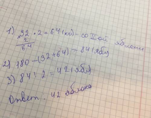 Счетырёх яблонь сняли 180 кг яблок. с первой- 32 кг, со второй- в 2 раза больше, чем с первой,а оста