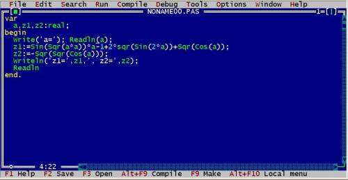 Решить в турбо паскале z1=sina^4*a-1+2sin^*2a+cos^*2a z2=-cos^4*a