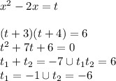 x^2-2x=t \\ \\ (t+3)(t+4)=6 \\ t^2+7t+6=0 \\ t_1+t_2=-7 \cup t_1t_2=6 \\ t_1=-1 \cup t_2=-6